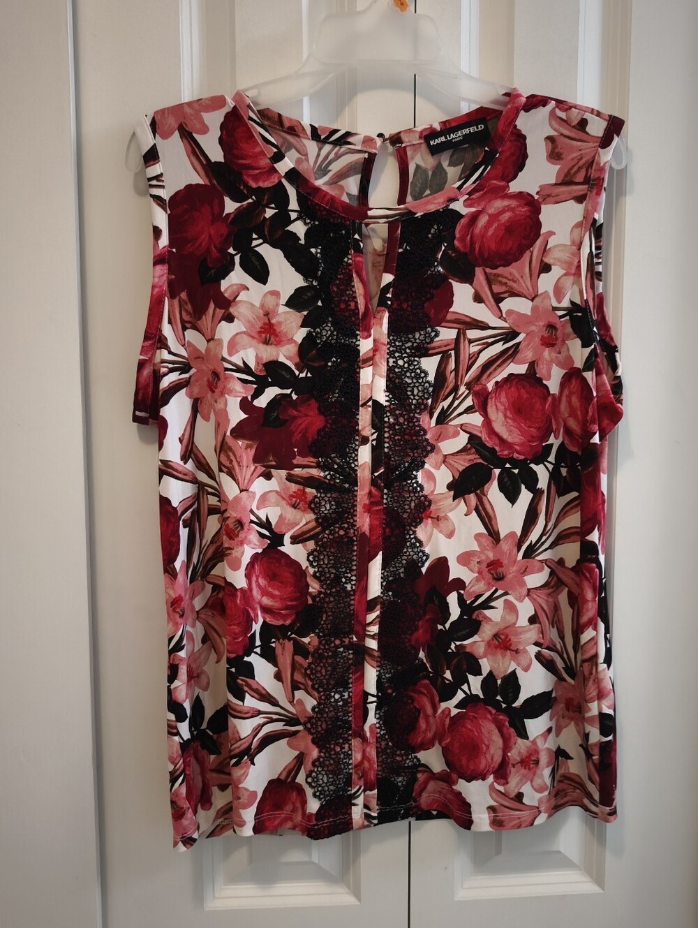 Karl Lagerfeld Red and Pink Floral Lace-Trim Blouse
